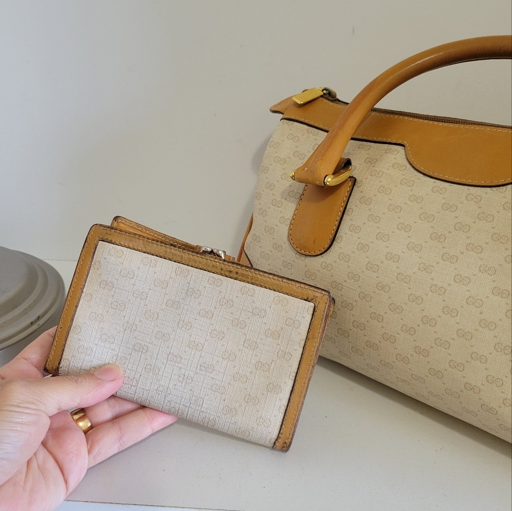 GUCCI Coated Canvas/Leather Matching BAG & Wallet SET🔥IVORY/Camel🤩VGUC/Vintage - Picture 16 of 16